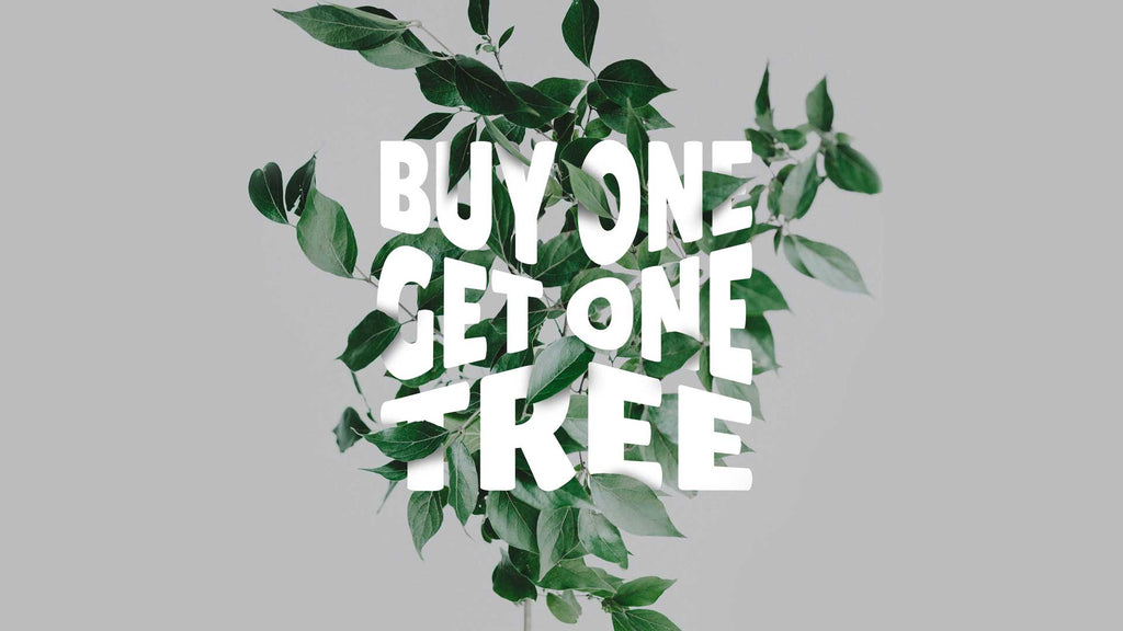 "buy one get one tree" white letters with green leaves